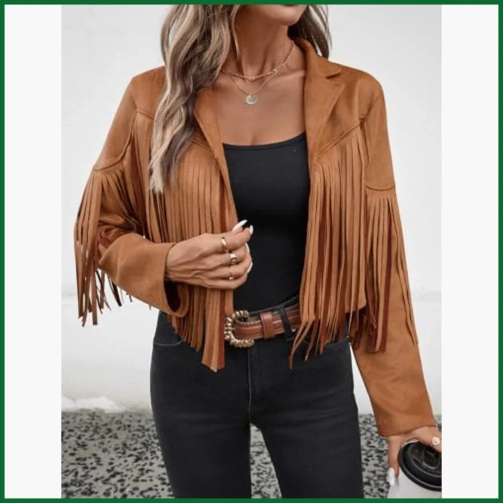 Faux Suede Leather Tassel Jacket with Fringe Cropped Western Style - Picture 6 of 7